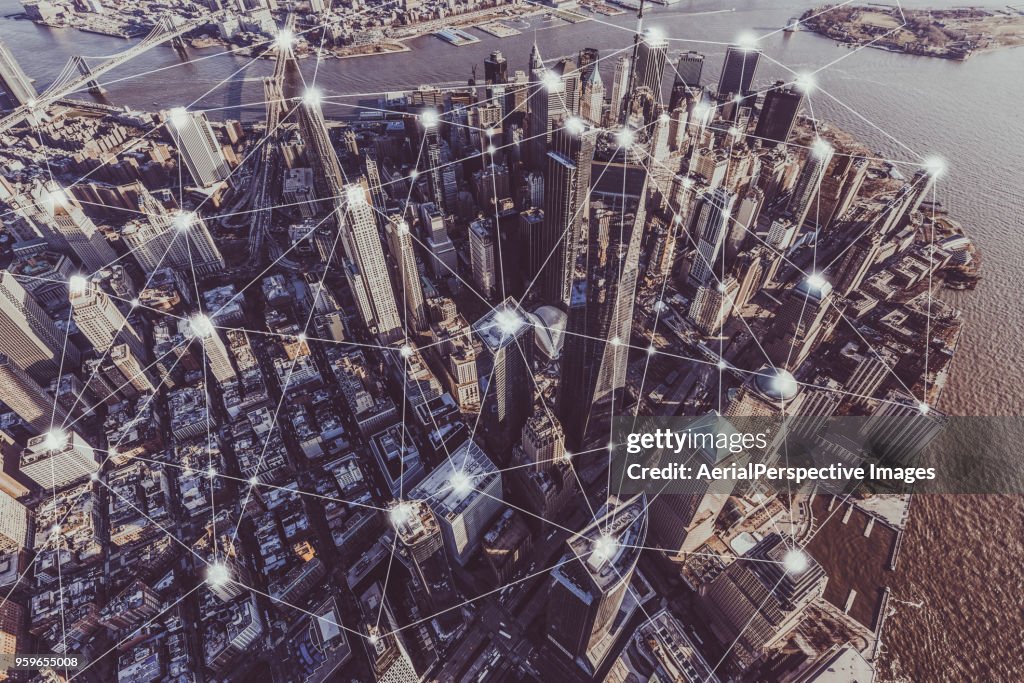 Blockchain Concept of Manhattan Skyline