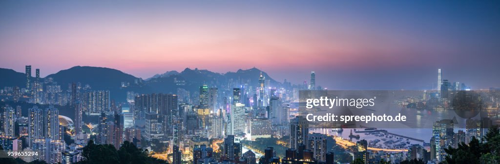 China, Hong Kong skyline panorama at night