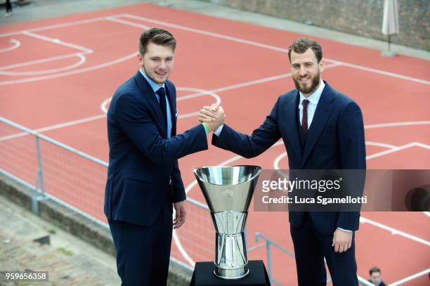 Luka Doncic, #7 of Real Madrid and Sergio Rodriguez, #13 of CSKA Moscow during the 2018 Turkish Airlines EuroLeague F4 Photo Opportunity at...