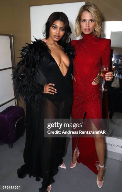 Danielle Herrington and Hailey Clauson are seen backstage at the amfAR Gala Cannes 2018 at Hotel du Cap-Eden-Roc on May 17, 2018 in Cap d'Antibes,...