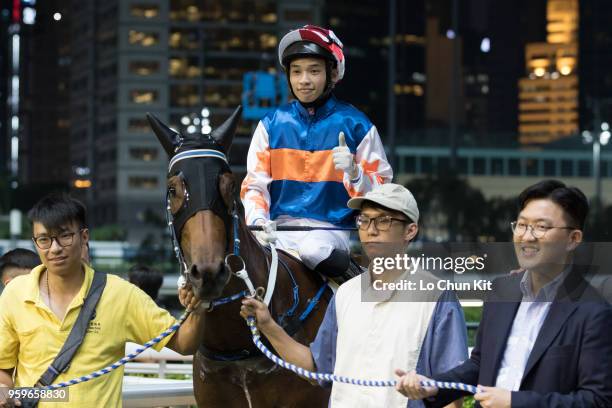 Jockey Jack Wong Ho-nam riding Nice Fandango wins the Race 2 Dorset Handicap at Happy Valley Racecourse on May 16, 2018 in Hong Kong, Hong Kong.