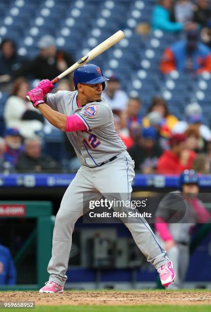 Juan Lagares of the New York Mets in action against the Philadelphia Phillies in a game at Citizens Bank Park on May 13, 2018 in Philadelphia,...