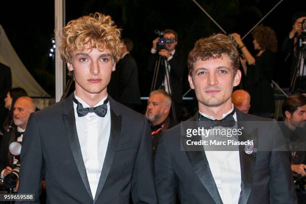 Vassili Schneider and Niels Schneider attend the screening of "Knife + Heart " during the 71st annual Cannes Film Festival at Palais des Festivals on...