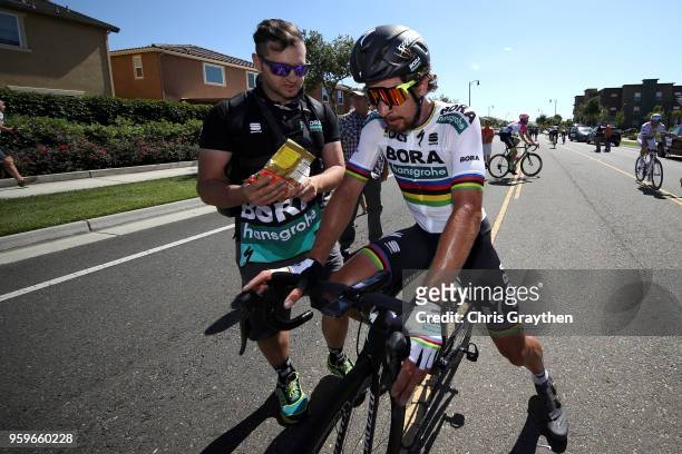 Peter Sagan of Slovakia riding for Team Bora - Hansgrohe eats some Haribo gummy bears following stage five of the 13th Amgen Tour of California, a...