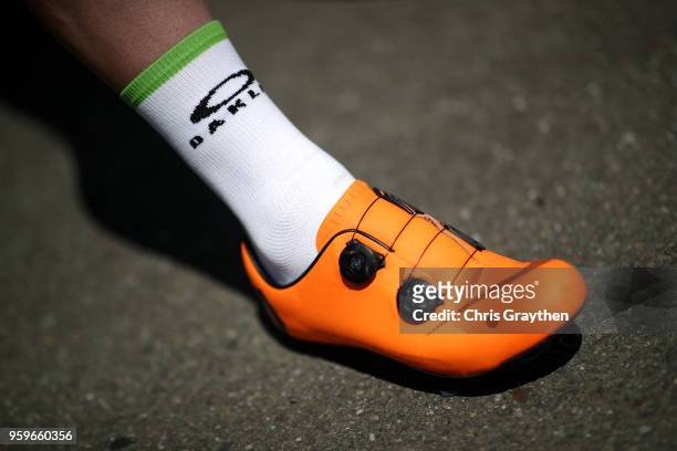 Detail of the shoes worn by Mark Cavendish of Great Britain riding for Team Dimension Data during stage five of the 13th Amgen Tour of California, a...
