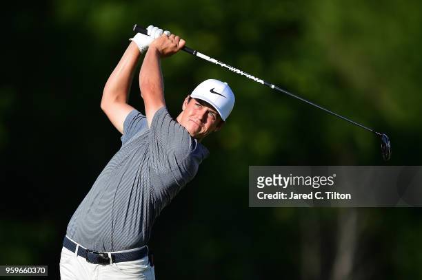 Cody Gribble plays his tee shot on the fourth hole during the first round of the AT&T Byron Nelson at Trinity Forest Golf Club on May 17, 2018 in...