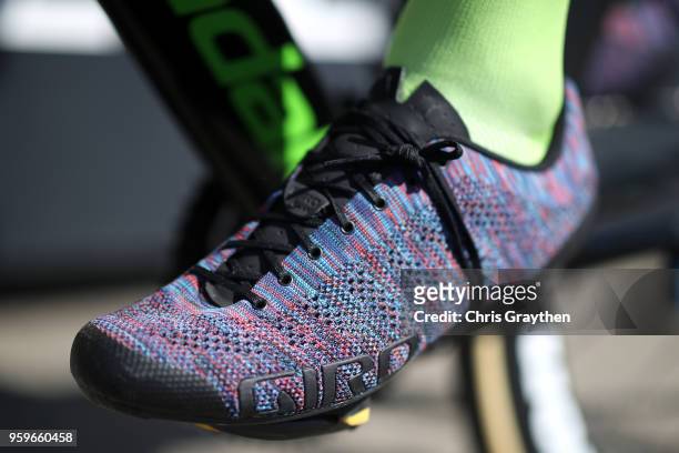 Detail of the shoes worn by Taylor Phinney of the United States riding for Team EF Education First - Drapac P/B Cannondale riding for Team Sky during...
