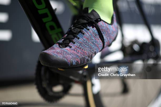 Detail of the shoes worn by Taylor Phinney of the United States riding for Team EF Education First - Drapac P/B Cannondale riding for Team Sky during...