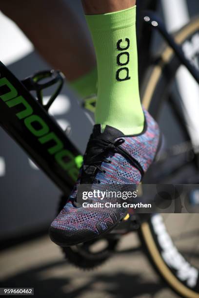 Detail of the shoes worn by Taylor Phinney of the United States riding for Team EF Education First - Drapac P/B Cannondale riding for Team Sky during...