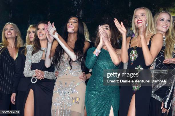 Daphne Groeneveld, guest, Alessandra Ambrosio, Winnie Harlow, Karolina Kurkova, Carine Roitfeld, Natasha Poly and Hannah Ferguson on stage at the...