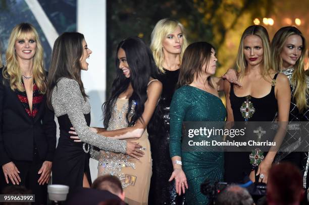 Alessandra Ambrosio, Winnie Harlow, Karolina Kurkova, Carine Roitfeld, Natasha Poly and Hannah Ferguson on stage at the amfAR Gala Cannes 2018 at...