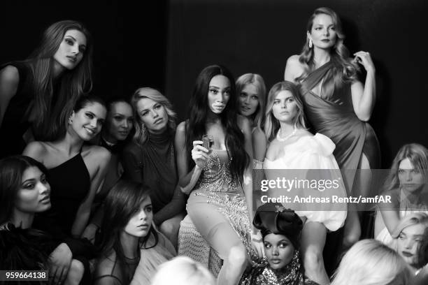 Lais Ribeiro, Sara Sampaio, Hailey Clauson, Winnie Harlow, Toni Garrn, Halima Aden, and Eniko Mihalik pose backstage at the amfAR Gala Cannes 2018 at...