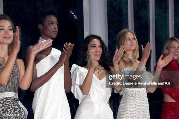 Lara Leito, Maria Borges, Shanina Shaik, Toni Garrn and Hailey Clauson on stage at the amfAR Gala Cannes 2018 at Hotel du Cap-Eden-Roc on May 17,...