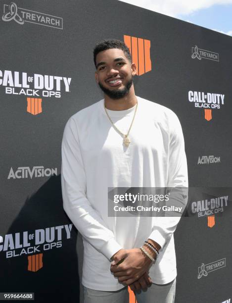 Basketball star Karl-Anthony Towns arrives on the black carpet at the Call of Duty: Black Ops 4 Community Reveal Event in Hawthorne, CA, on May 17,...