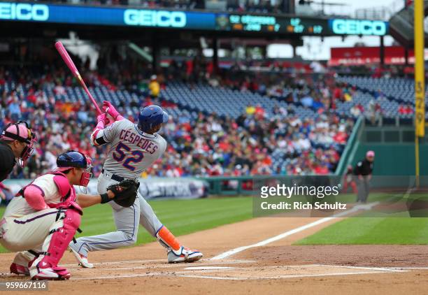 Yoenis Cespedes of the New York Mets in action against the Philadelphia Phillies in a game at Citizens Bank Park on May 13, 2018 in Philadelphia,...