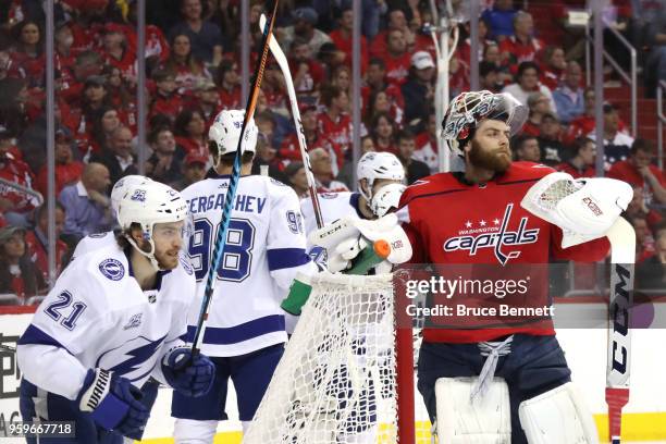 Brayden Point of the Tampa Bay Lightning celebrates after scoring a goal on Braden Holtby of the Washington Capitals during the first period in Game...