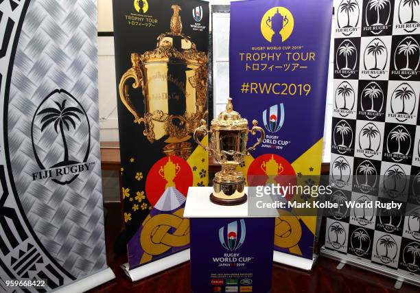 The Webb Ellis Cup is seen during the Rugby World Cup 2019 Trophy Tour visit to the Fiji Rugby Union Headquarters on May 18, 2018 in Suva, Fiji.