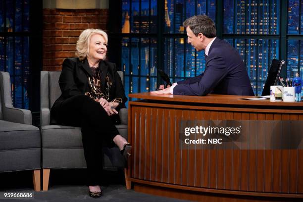 Episode 689 -- Pictured: Actress Candice Bergen during an interview with hos Seth Meyers on May 16, 2018 --