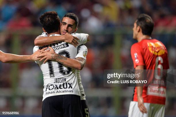 Brazil's Corinthians midfielder Jadson , celebrates with his teammates, after scoring against Venezuela's Deportivo Lara, during their 2018 Copa...
