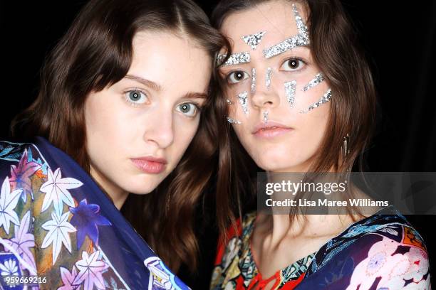 Model poses backstage ahead of the Camilla show at Mercedes-Benz Fashion Week Resort 19 Collections at Carriageworks on May 17, 2018 in Sydney,...