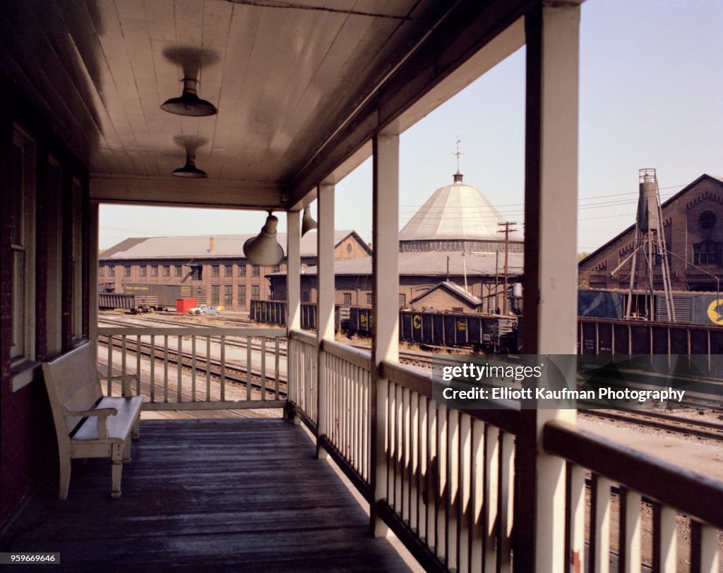 Porch in front of historic freight train station in West Virginia