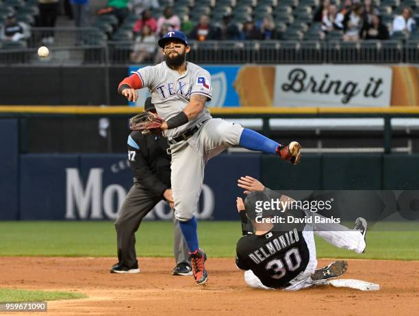 Rougned Odor of the Texas Rangers foces out Nicky Delmonico of the Chicago White Sox at second base during the second inning on May 17, 2018 at...