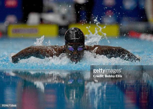 Simone Manuel competes in the women's 100 meter butterfly race during the TYR Pro Swim Series at Indiana University Natatorium on May 17, 2018 in...