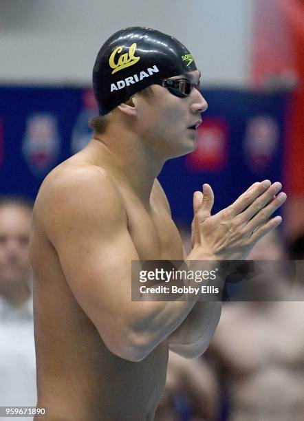 Nathan Adrian prepares to race in the Men's 100 meter freestyle final during the TYR Pro Swim Series at Indiana University Natatorium on May 17, 2018...