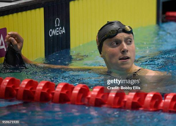 Katie Ledecky reacts after winning the women's 400 meter freestyle final during the TYR Pro Swim Series at Indiana University Natatorium on May 17,...