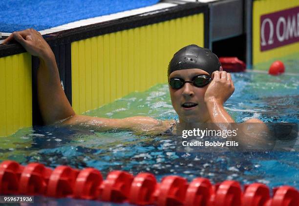 Katie Ledecky reacts after winning the women's 400 meter freestyle final during the TYR Pro Swim Series at Indiana University Natatorium on May 17,...