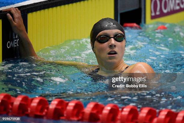 Katie Ledecky reacts after winning the women's 400 meter freestyle final during the TYR Pro Swim Series at Indiana University Natatorium on May 17,...