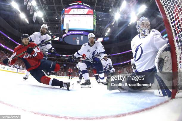 Andrei Vasilevskiy of the Tampa Bay Lightning tends goal against Lars Eller of the Washington Capitals during the first period in Game Four of the...