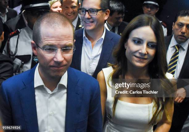 Ricardo Anaya, 'Mexico al Frente' Coalition presidential candidate, walks with his wife Carolina Martinez during a conference as part of the...