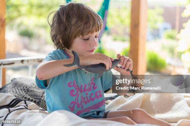 4 year old boy playing with toy shark - lamy new mexico stock pictures, royalty-free photos & images