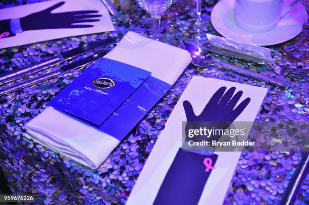 View of the place setting during the Breast Cancer Research Foundation Hot Pink Gala hosted by Elizabeth Hurley at Park Avenue Armory on May 17, 2018...