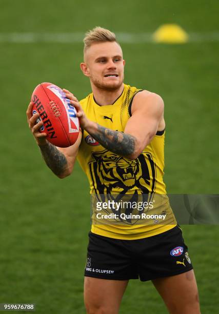 Brandon Ellis of the Tigers marks during a Richmond Tigers AFL training session at Punt Road Oval on May 18, 2018 in Melbourne, Australia.