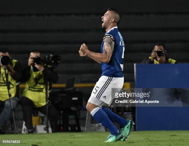 Andres Cadavid of Millonarios celebrates after scoring the first goal of his team during a match between Millonarios and Independiente as part of...