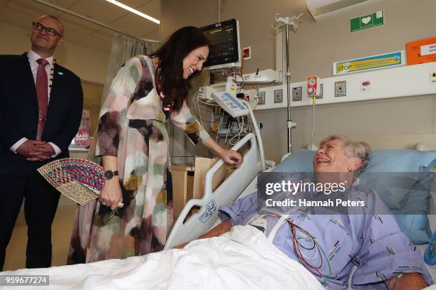 Prime Minister Jacinda Ardern visits Ann Hein during a visit to North Shore Hospital on May 18, 2018 in Auckland, New Zealand. The Labour government...