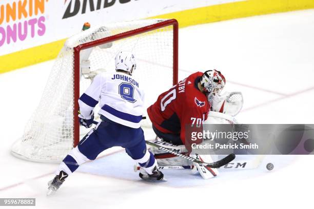 Tyler Johnson of the Tampa Bay Lightning takes a shot on Braden Holtby of the Washington Capitals during the second period in Game Four of the...