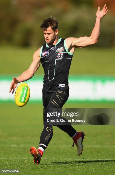 Maverick Weller of the Saints kicks during a St Kilda Saints training session at RSEA Park on May 18, 2018 in Melbourne, Australia.