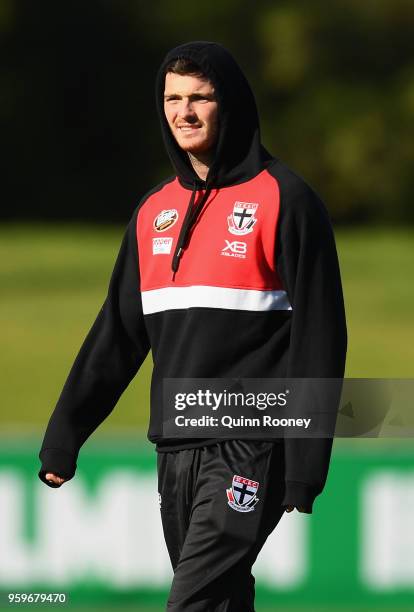 Dylan Roberton of the Saints watches on during a St Kilda Saints training session at RSEA Park on May 18, 2018 in Melbourne, Australia.