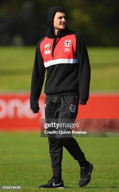 Dylan Roberton of the Saints watches on during a St Kilda Saints training session at RSEA Park on May 18, 2018 in Melbourne, Australia.