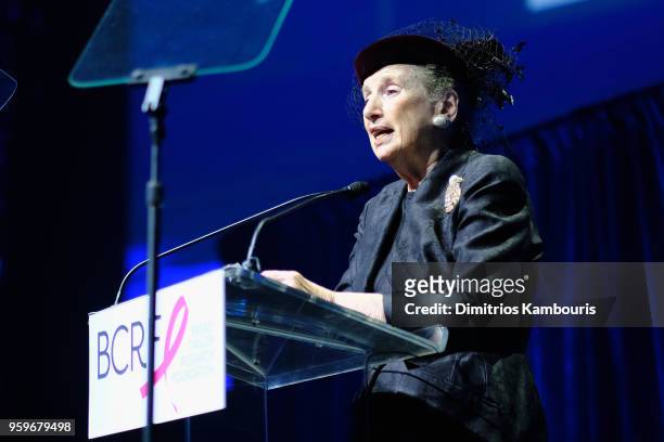 Roz Goldstein speaks onstage during the Breast Cancer Research Foundation Hot Pink Gala hosted by Elizabeth Hurley at Park Avenue Armory on May 17,...