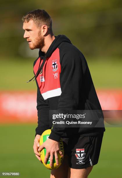 Tim Membrey of the Saints kicks during a St Kilda Saints training session at RSEA Park on May 18, 2018 in Melbourne, Australia.