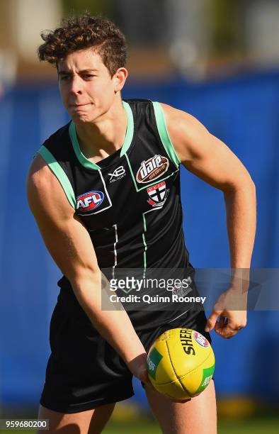 Nick Coffield of the Saints handballs during a St Kilda Saints training session at RSEA Park on May 18, 2018 in Melbourne, Australia.