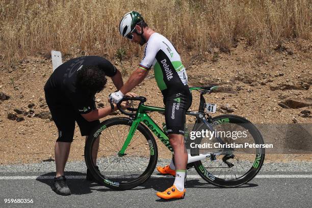 Mark Cavendish of Great Britain and Team Dimension Data receives mechanical help on his bike during stage five of the 13th Amgen Tour of California,...