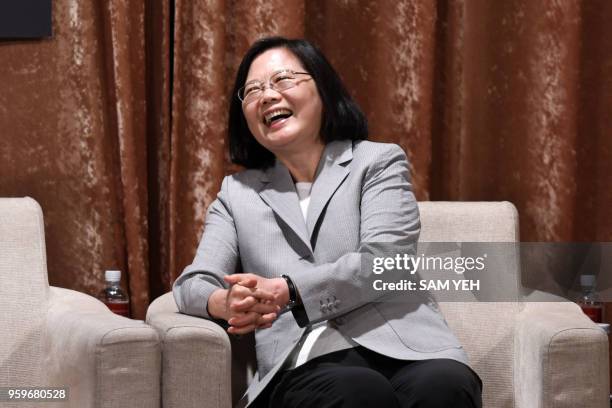 In this photo taken on May 17 Taiwan President Tsai Ing-wen smiles during a banquet for the annual European Chamber Of Commerce in Taipei. As...