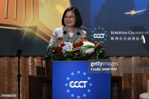 In this photo taken on May 17 Taiwan President Tsai Ing-wen speaks during a banquet for the annual European Chamber Of Commerce in Taipei. - As...