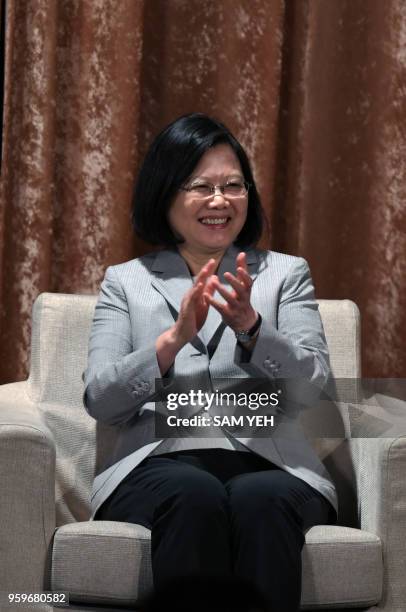 In this photo taken on May 17 Taiwan President Tsai Ing-wen applauds during a banquet for the annual European Chamber Of Commerce in Taipei. As...