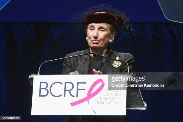 Roz Goldstein speaks onstage during the Breast Cancer Research Foundation Hot Pink Gala hosted by Elizabeth Hurley at Park Avenue Armory on May 17,...